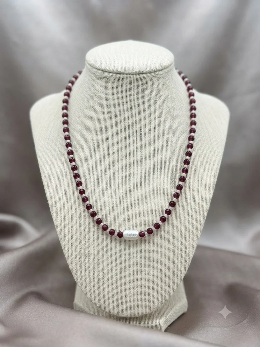Striking Burgundy Bead Necklace with Silver Accent